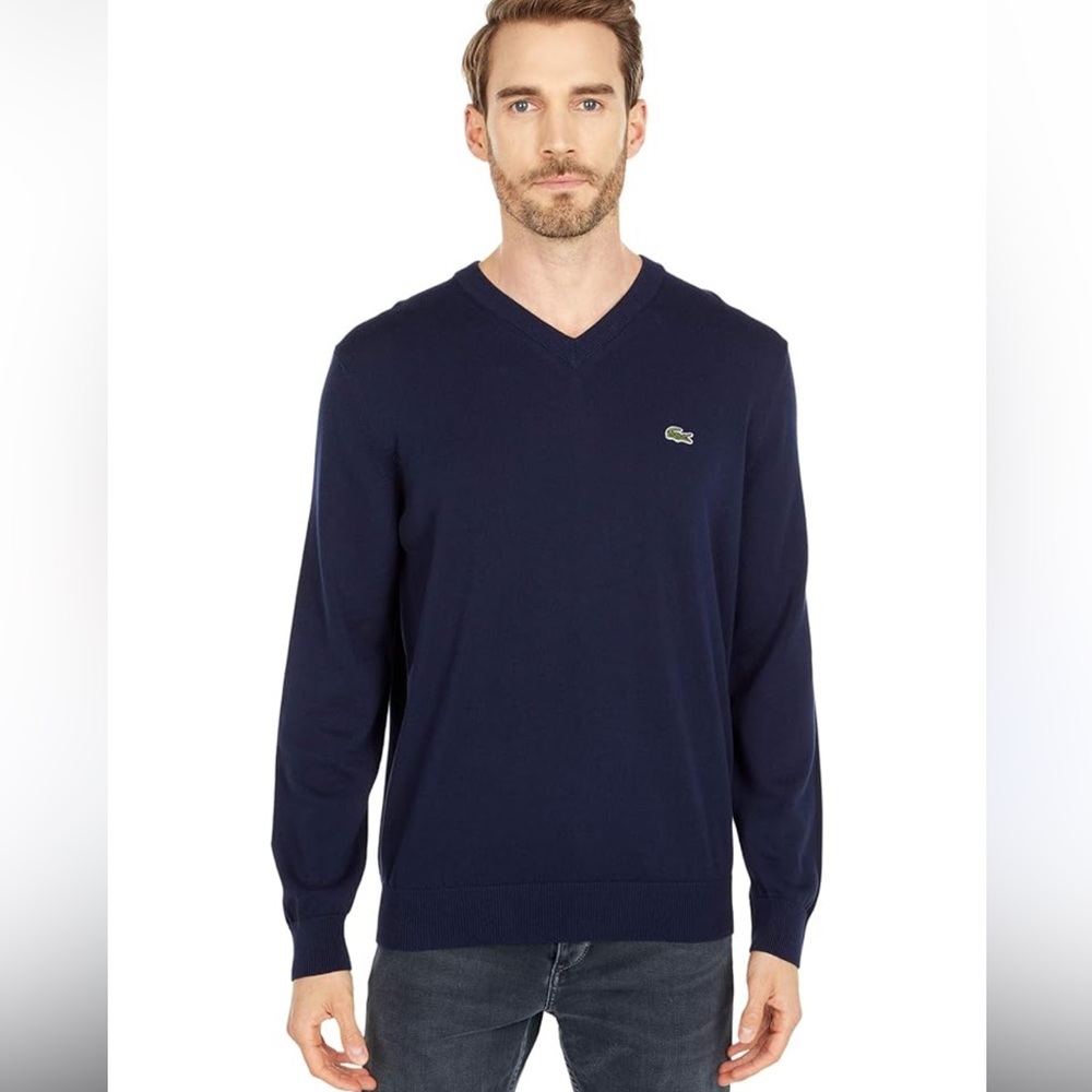 Lacoste men’s v- neck navy blue pullover cotton sweater - Picture 2 of 10